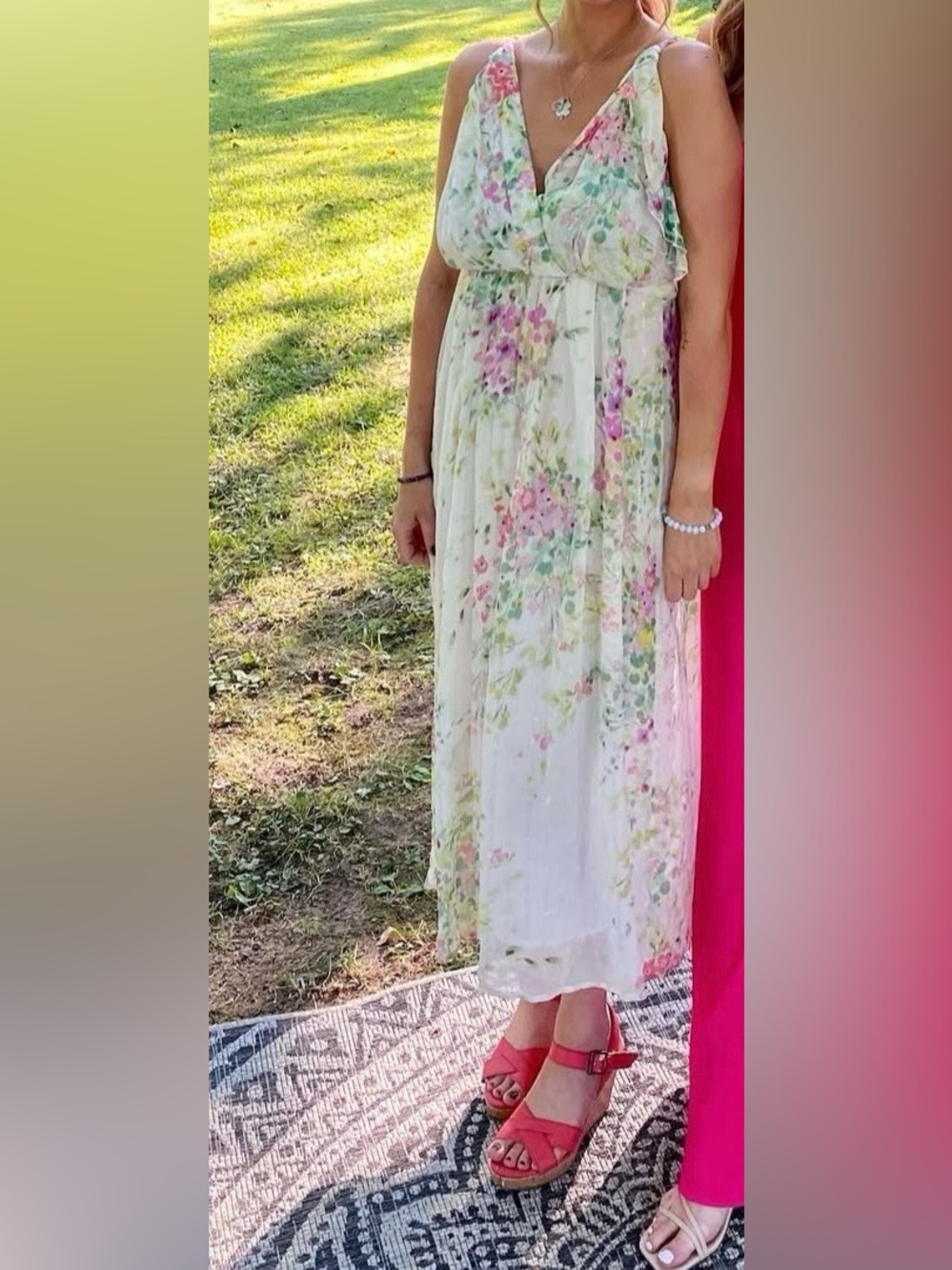 Sabina Musayev White Maxi Dress with Pink & Green Floral Print